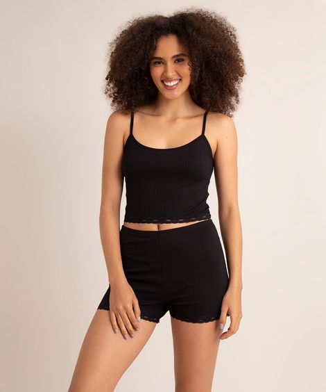 short doll canelado com renda alça fina preto