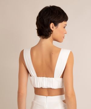 blusa cropped de viscose alça larga decote reto com drapeados off white