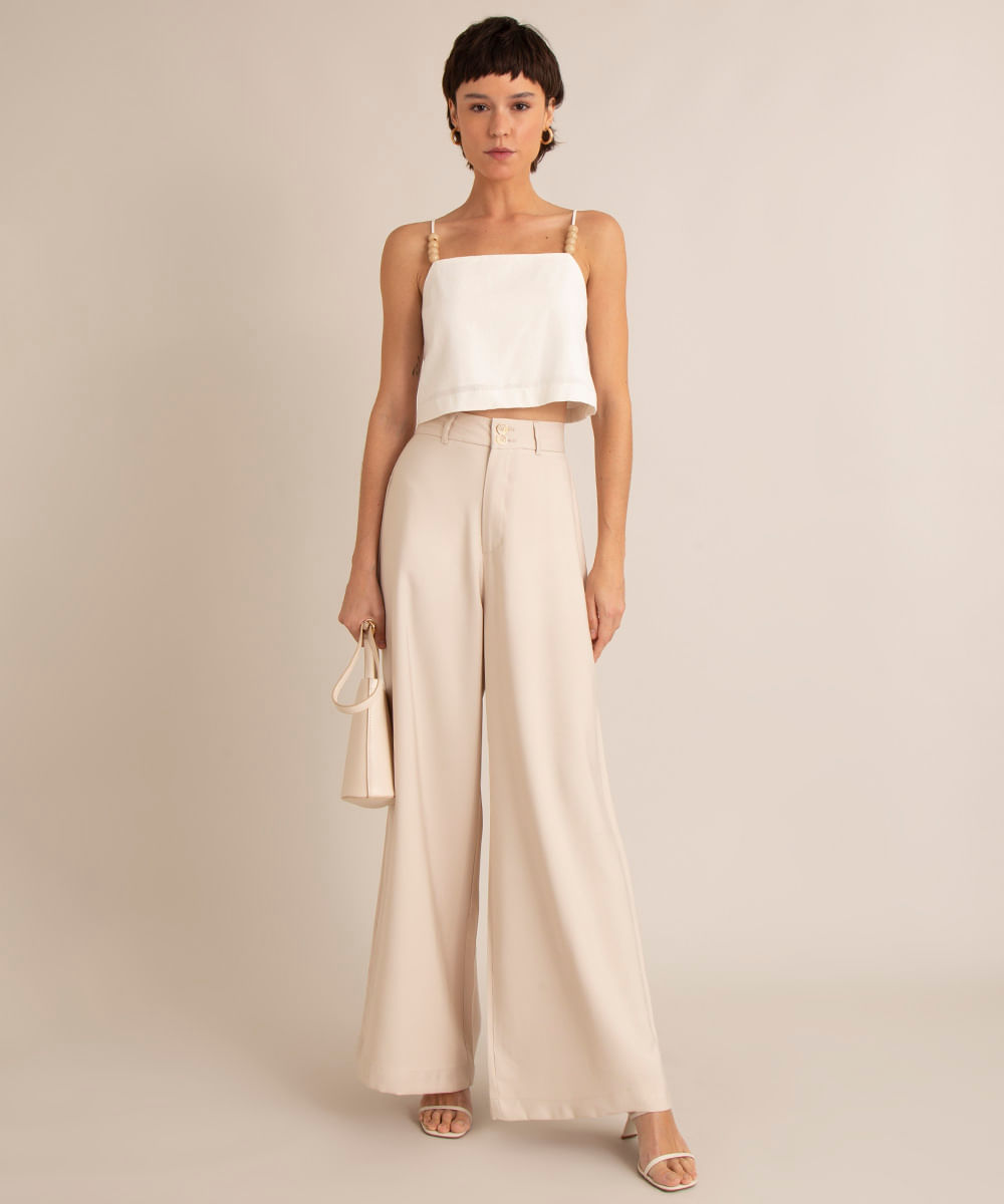 <em>Wide leg</em> bege com cintura alta, da C&A