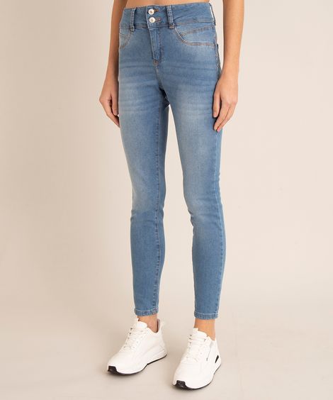 calça jeans skinny pull up cintura média azul médio