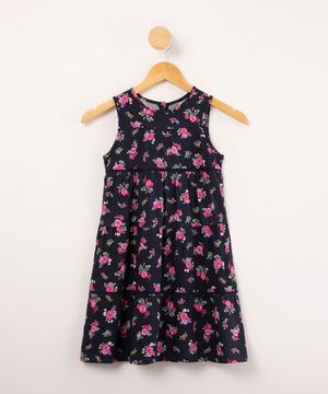 vestido infantil em malha viscose estampa floral sem manga azul marinho