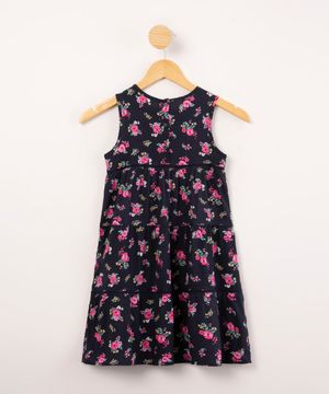 vestido infantil em malha viscose estampa floral sem manga azul marinho