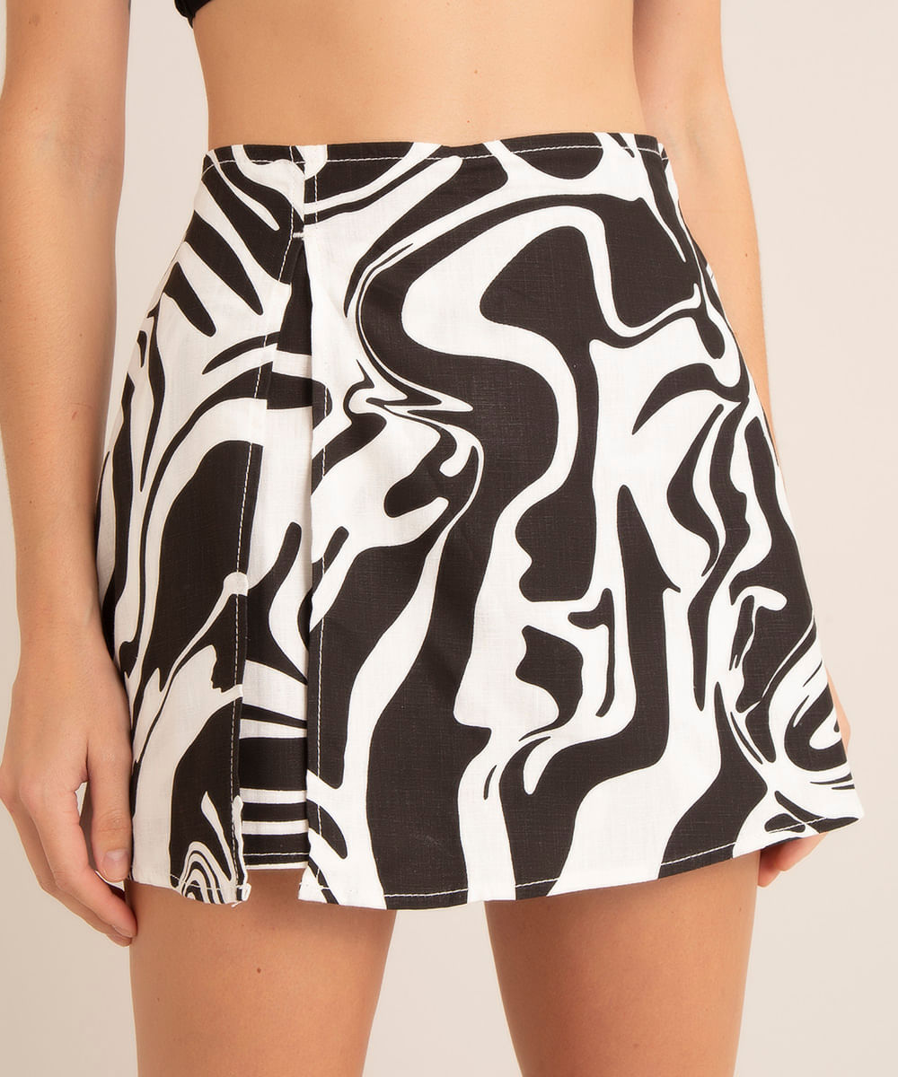 short saia estampa psicodélica cintura alta preta