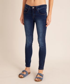 Calça Jeans Feminina Super Skinny Cintura Média com Zíper na Barra