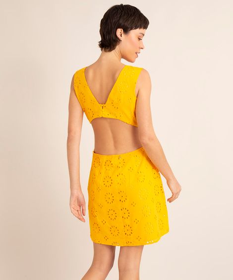 vestido curto de laise cut out alça larga decote v amarelo