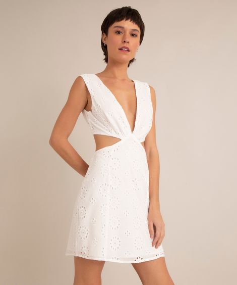 vestido curto de laise cut out alça larga decote v off white