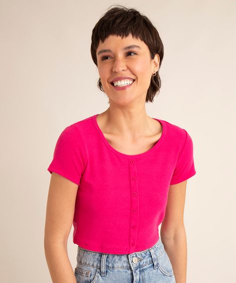 blusa cropped básica canelada manga curta decote redondo com botões pink