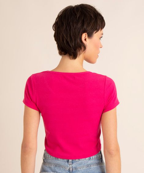 blusa cropped básica canelada manga curta decote redondo com botões pink