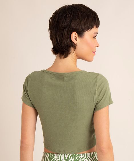 blusa cropped básica canelada manga curta decote redondo com botões verde militar