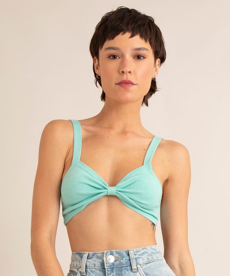 top cropped de tricô alça larga com amarração azul turquesa