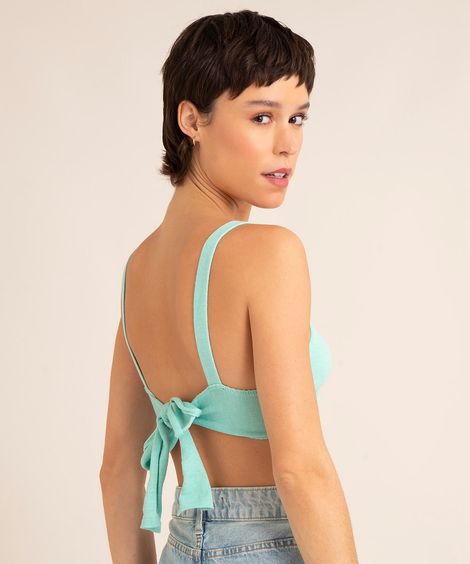 top cropped de tricô alça larga com amarração azul turquesa