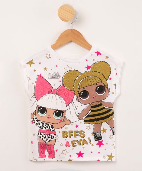 blusa infantil de algodão lol surprise "bffs 4 eva" com glitter manga curta off white