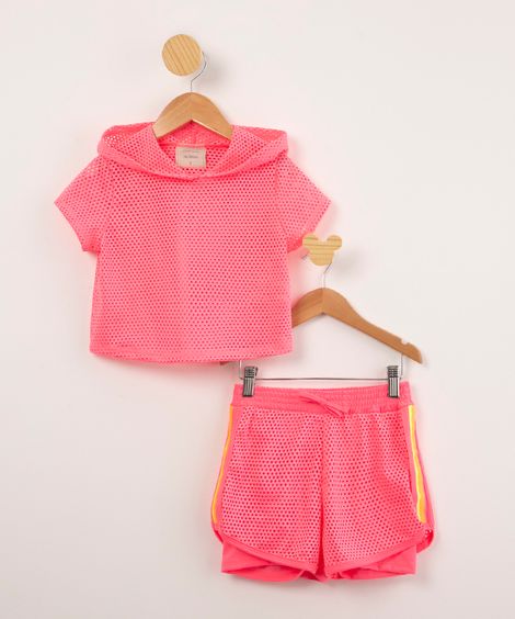 conjunto infantil em tela de blusa manga curta com capuz + short running rosa neon