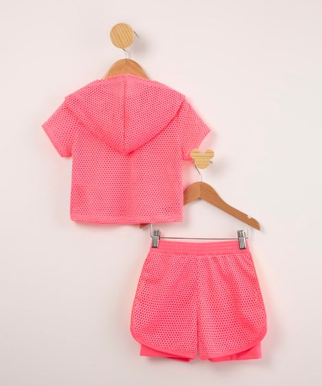 conjunto infantil em tela de blusa manga curta com capuz + short running rosa neon