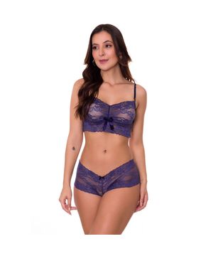 Conjunto de Lingerie em Renda Transparente sem Bojo Moda Baixo - GL3311 Azul Marinho