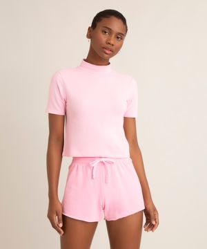 conjunto básico de camiseta manga curta gola alta + short curto de moletinho rosa