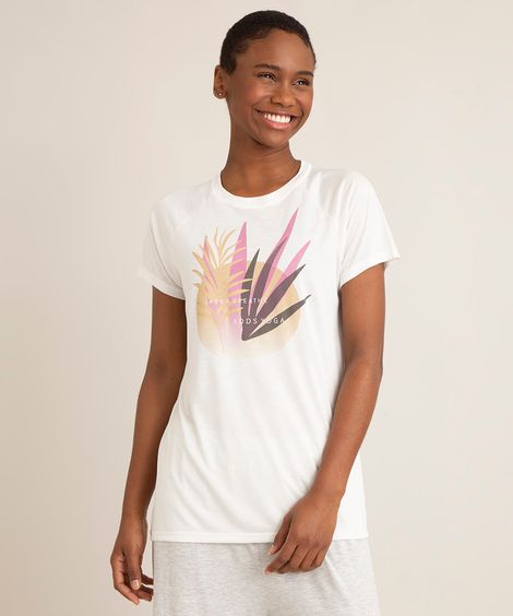 blusa de viscose esportivo manga curta decote redondo estampa folhagens branco