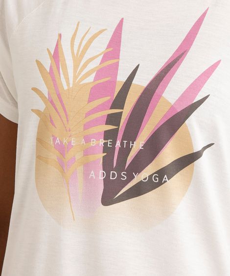 blusa de viscose esportivo manga curta decote redondo estampa folhagens branco