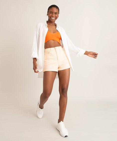 short de sarja curto estampa xadrez vichy cintura alta barra dobrada multicor