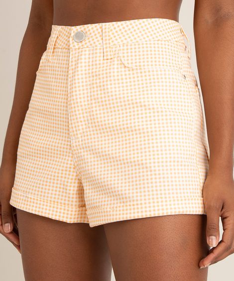 short de sarja curto estampa xadrez vichy cintura alta barra dobrada multicor