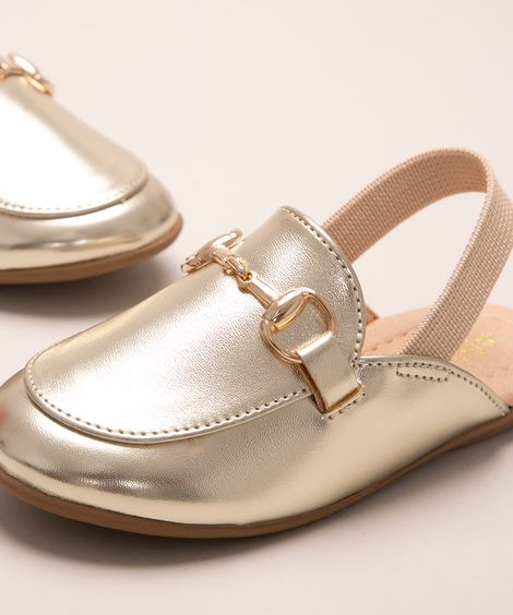 mule infantil metalizada com corrente e elástico dourado