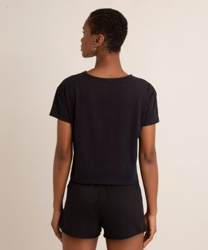 conjunto básico de camiseta cropped de algodão manga curta decote redondo + short curto de moletinho preto