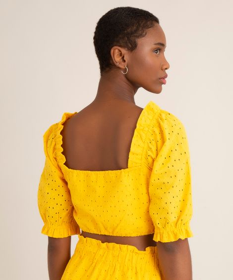 blusa cropped de laise manga bufante decote reto amarelo