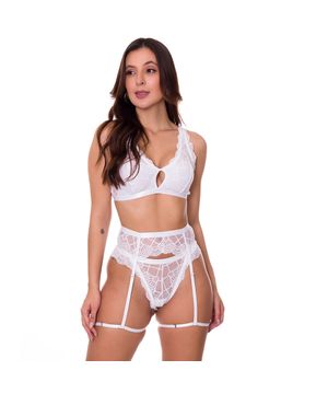 Conjunto Lingerie Renda Feminino com Cinta Liga Moda de Baixo - VC5035 Branco