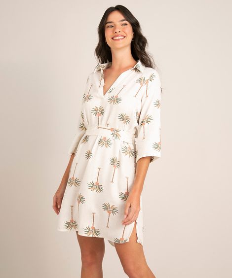 vestido chemise curto de viscose estampado coqueiros manga 3/4 off white