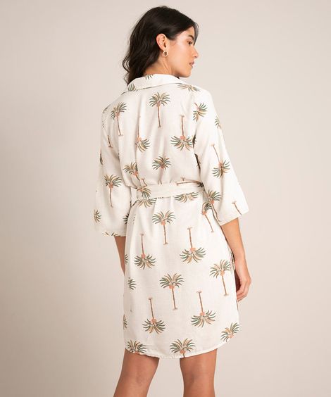 vestido chemise curto de viscose estampado coqueiros manga 3/4 off white