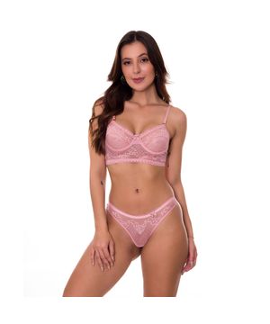 Conjunto de Lingerie em Renda Transparente Moda Baixo - VF13  Rosa