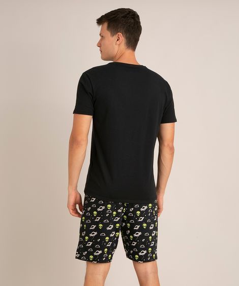 pijama manga curta de algodão com bolso e estampa de ets preta