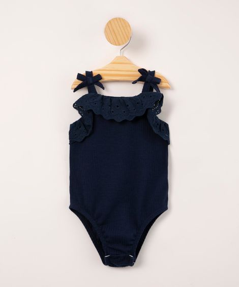 body infantil canelado com laise alça fina azul marinho