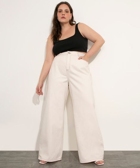 calça wide leg plus size de sarja cintura alta mindset off white