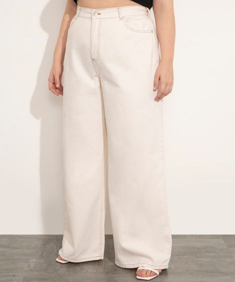 calça wide leg plus size de sarja cintura alta mindset off white