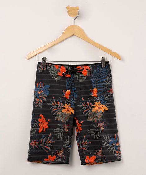 bermuda surf juvenil listrada com estampa floral e cordão preta