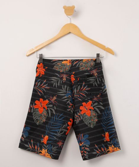 bermuda surf juvenil listrada com estampa floral e cordão preta