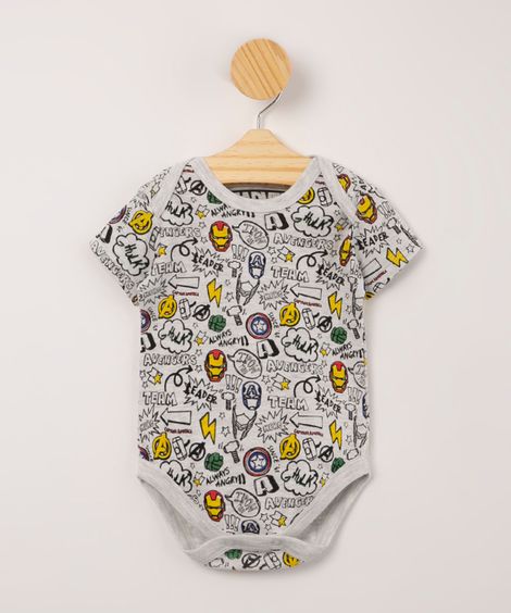 body infantil manga curta estampa os vingadores cinza mescla claro