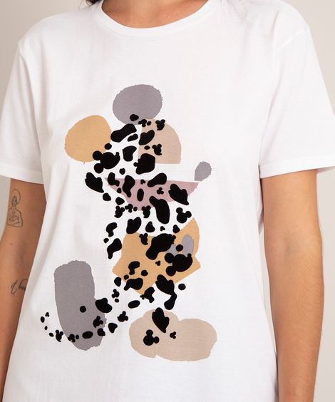 camiseta de algodão mickey flocado manga curta decote redondo off white