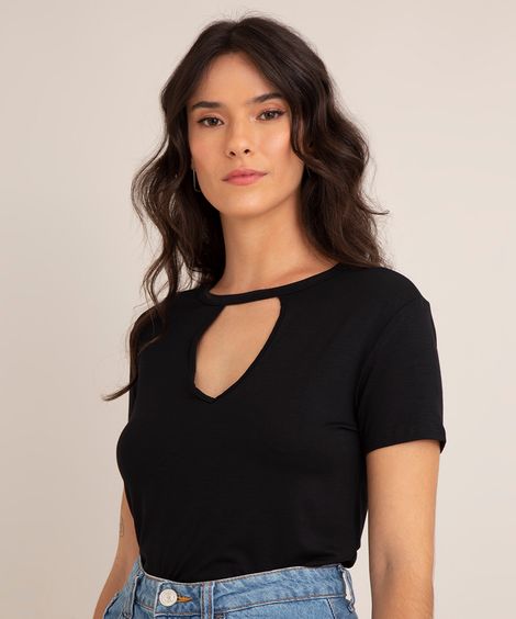 Blusa Feminina Choker Básica Manga Curta Decote Redondo Preta