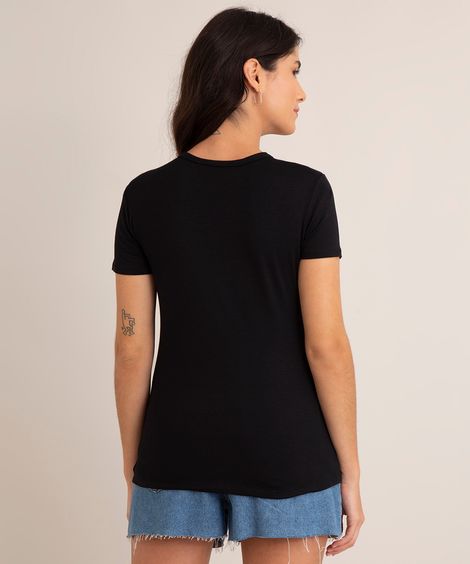Blusa Feminina Choker Básica Manga Curta Decote Redondo Preta