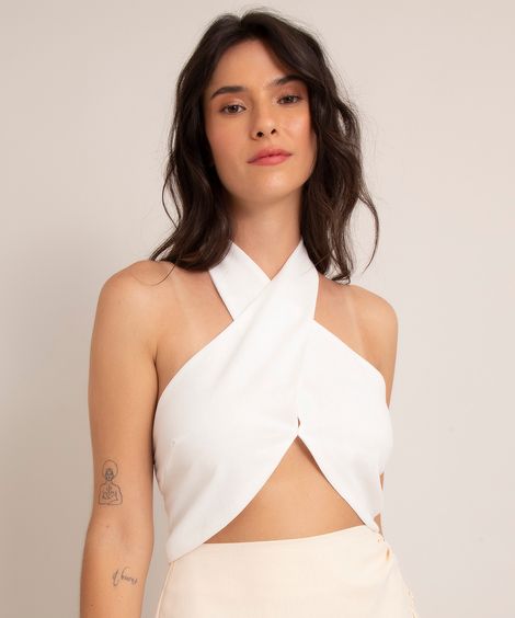 top cropped frente única de linho decote cruzado off white