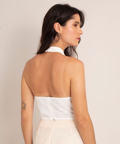 top cropped frente única de linho decote cruzado off white