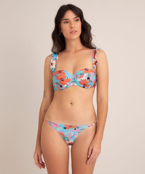 biquíni calcinha tanga estampa floral com proteção uv50+ azul turquesa