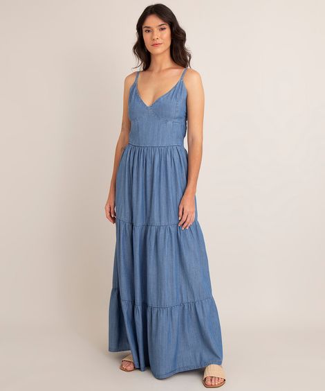 vestido jeans longo alça fina decote v azul médio