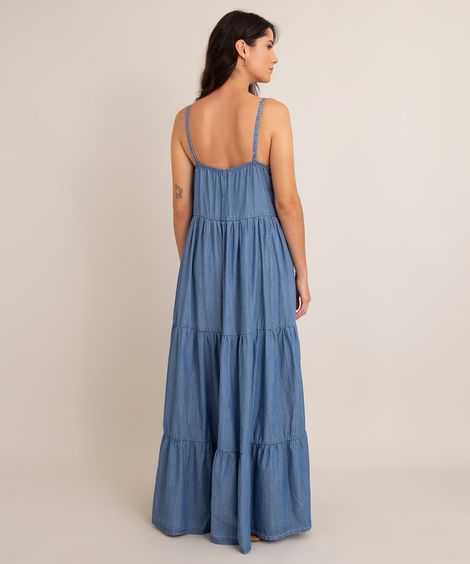 vestido jeans longo alça fina decote v azul médio