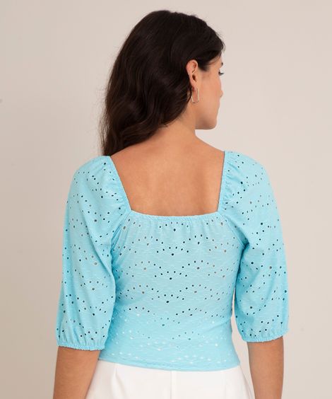 blusa cropped de laise manga bufante decote v azul claro