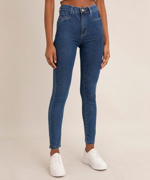 calça skinny jeans lipo push up cintura super alta sawary azul médio