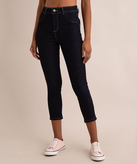 calça skinny cropped cintura super alta sawary  azul escura