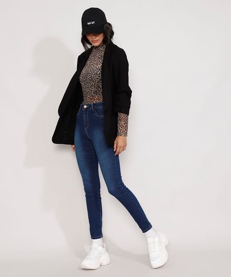 Calça Jeans Feminina Cintura Alta Sawary Skinny Azul Escuro